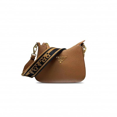 PRADA VITELLO DAINO SOFT SMALL ZIPPERED MESSENGER HOBO CARAMEL 1BH193 (24*18*6cm)